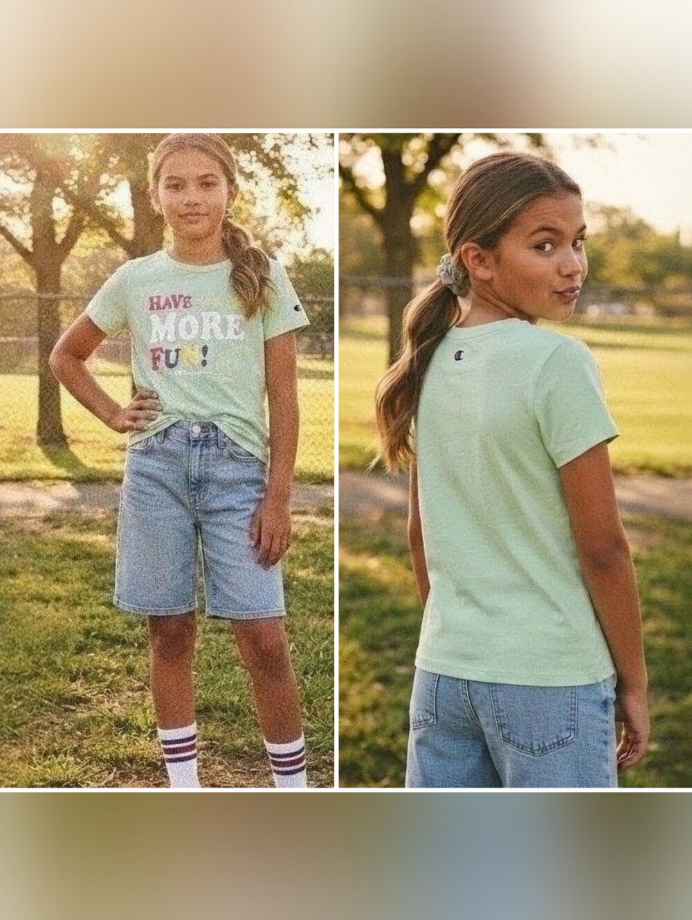 Champion Girls Casual Classic Logo Graphic Tees Bundle (Pink/Mint Green)- Sz M